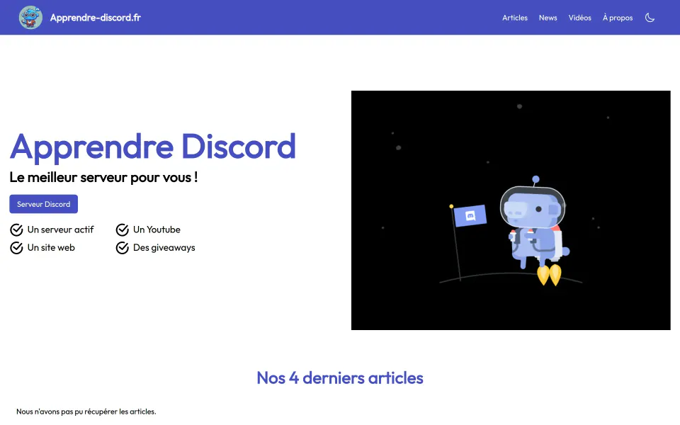 Page d’accueil d’Apprendre Discord : « Apprendre Discord, le meilleur serveur pour vous ! »
