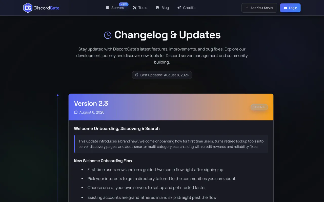 Le journal des modifications de DiscordGate, ouvert sur la version 2.3.