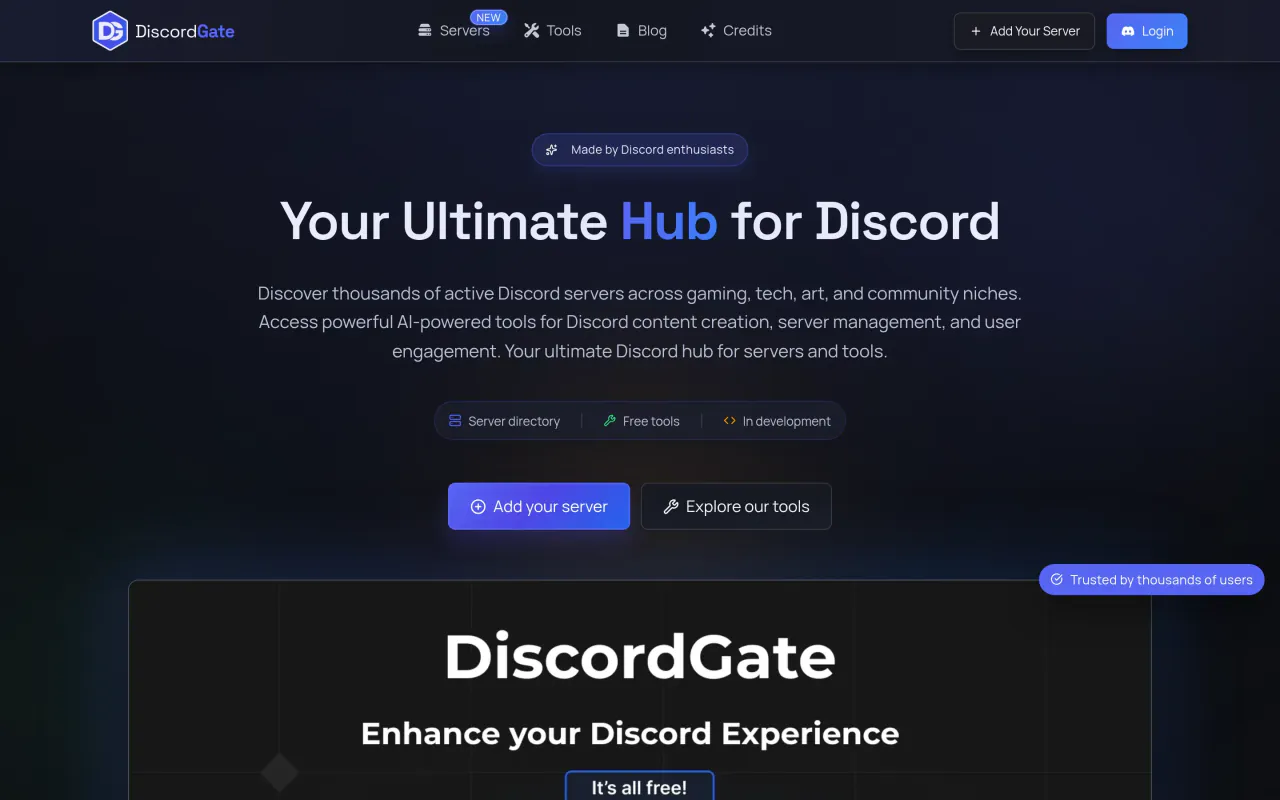 Page d’accueil de DiscordGate : « Your Ultimate Hub for Discord », avec le bouton pour ajouter un serveur.