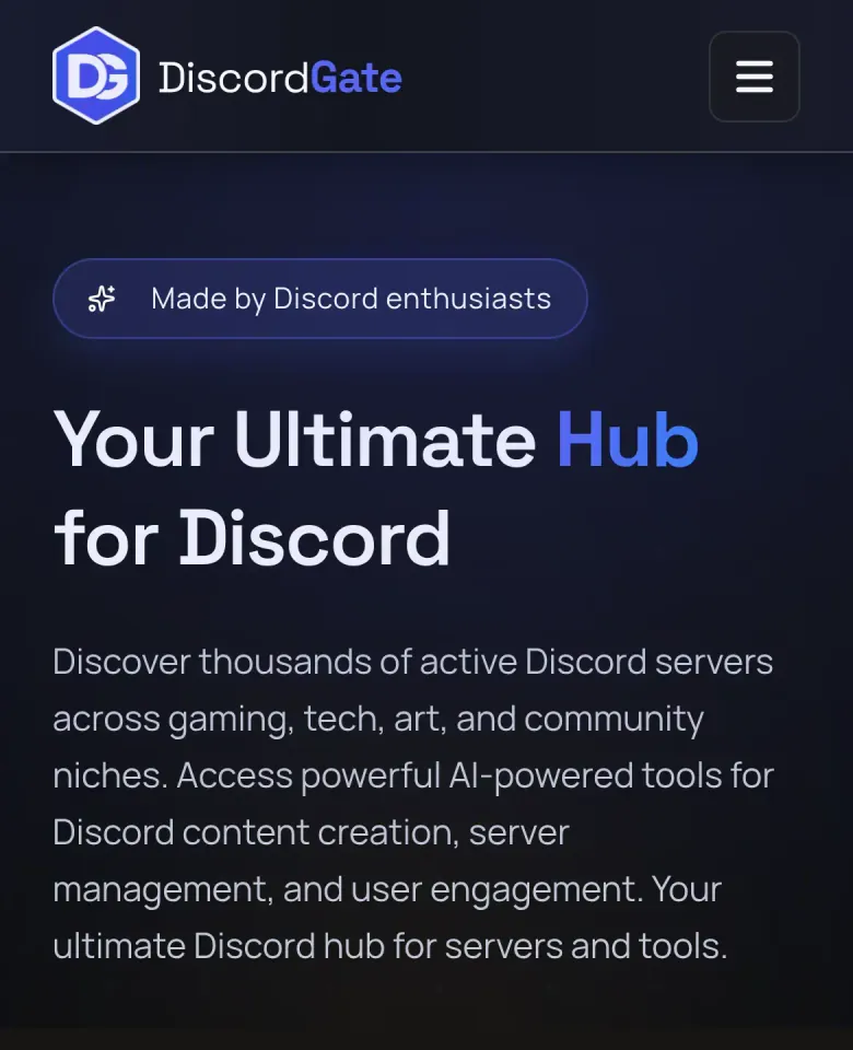Page d’accueil de DiscordGate : « Your Ultimate Hub for Discord », avec les boutons pour ajouter un serveur ou explorer les outils.