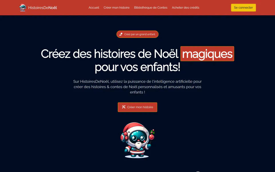 Page d’accueil d’Histoires de Noël : « Créez des histoires de Noël magiques pour vos enfants ! », avec un compte à rebours jusqu’à Noël.