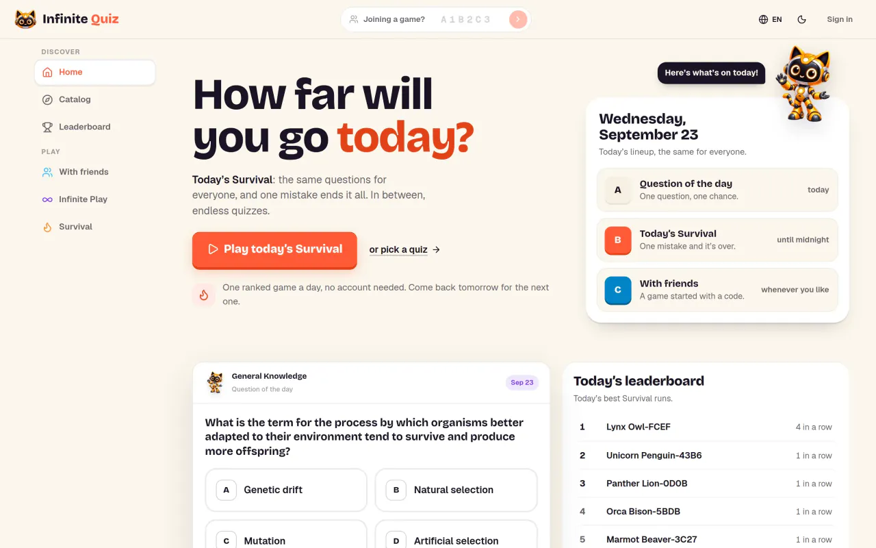 Page d’accueil d’Infinite Quiz : « How far will you go today? », avec le bouton pour jouer la Survie du jour.