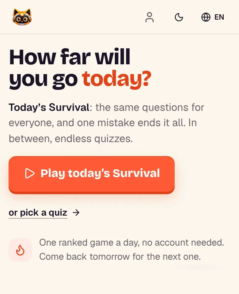 Page d’accueil d’Infinite Quiz : « How far will you go today? », avec le bouton pour jouer la Survie du jour.
