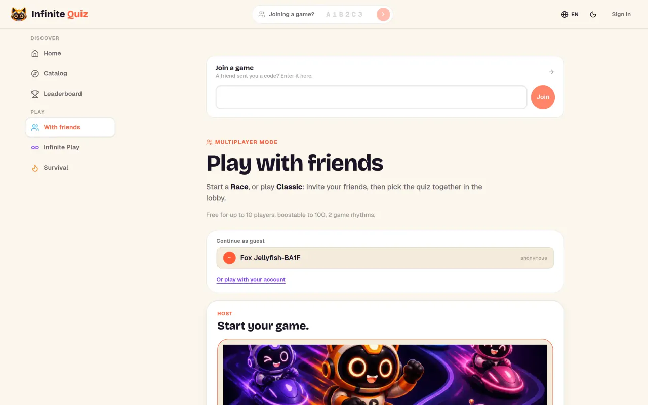 La page multijoueur : rejoindre une partie avec un code, ou lancer la sienne.