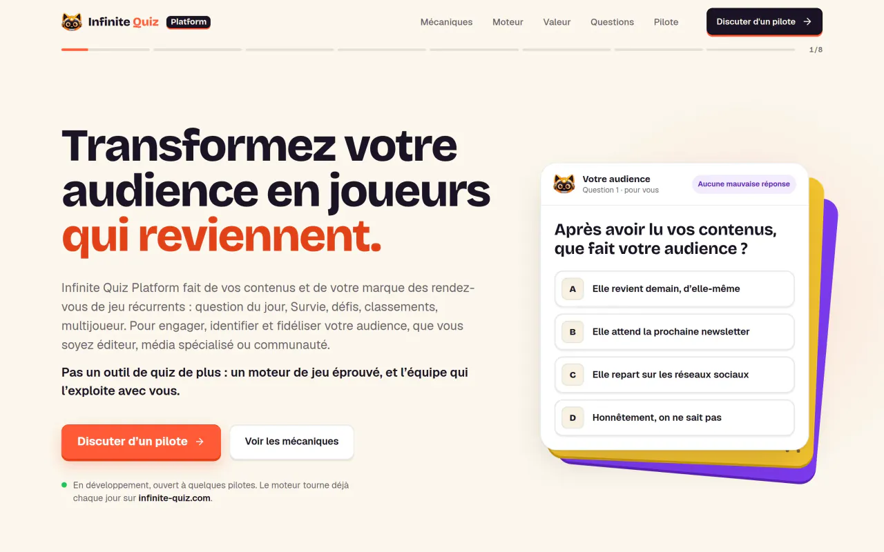 Page d’accueil d’Infinite Quiz Platform : « Transformez votre audience en joueurs qui reviennent. »