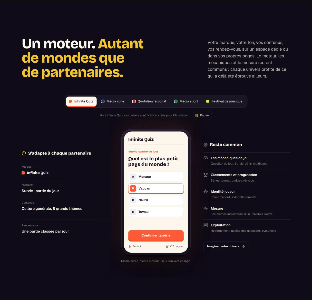 Platform site section, in French: “Un moteur. Autant de mondes que de partenaires.”, showing the same question screen dressed for different partners.